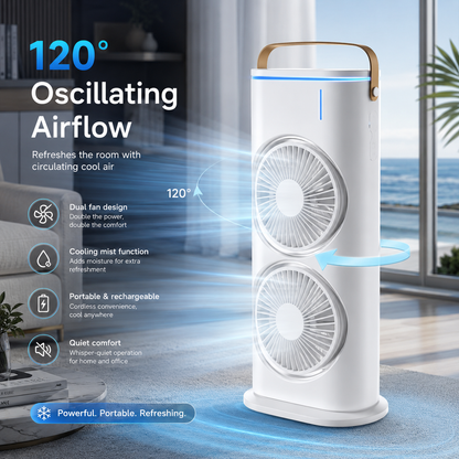 Sevaros MistBreeze™ Dual Head Misting Fan – Portable USB Rechargeable Desk Fan with Cooling Spray, Remote Control, Quiet Air Circulation for Home & Office