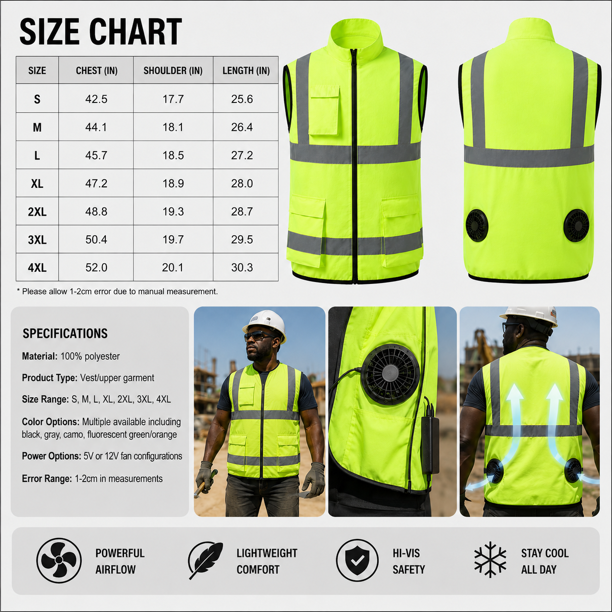 Sevaros AirFlow Vest™ Cooling Vest – Rechargeable Fan Powered Cooling Vest for Outdoor Work, Construction, Travel & Summer Heat