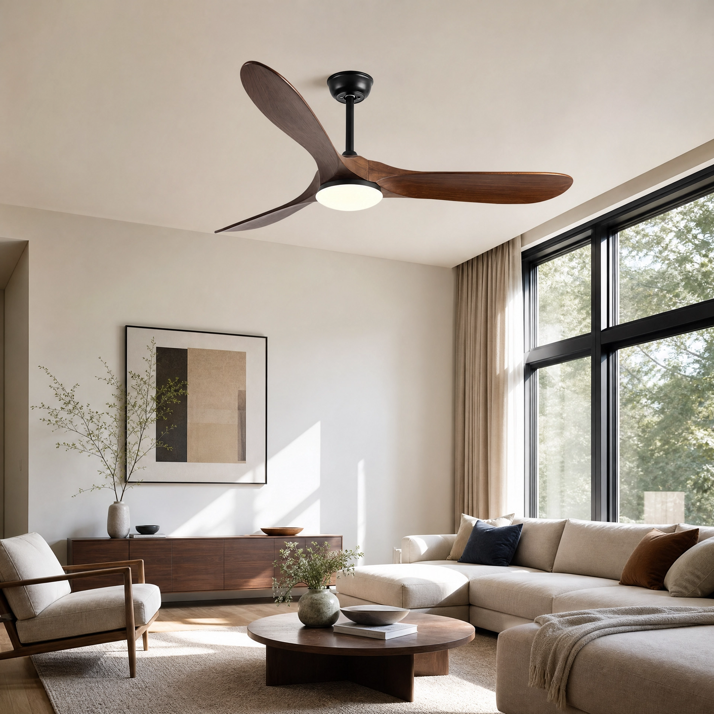 Modern Ceiling Fan with Light, Contemporary Nordic Solid Wood Ceiling Fan, Reversible Motor Bedroom & Living Room Fan Light | Sevaros NordWood