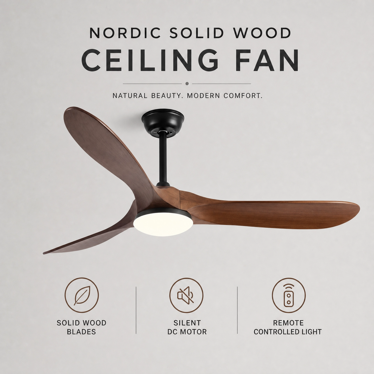 Modern Ceiling Fan with Light, Contemporary Nordic Solid Wood Ceiling Fan, Reversible Motor Bedroom & Living Room Fan Light | Sevaros NordWood